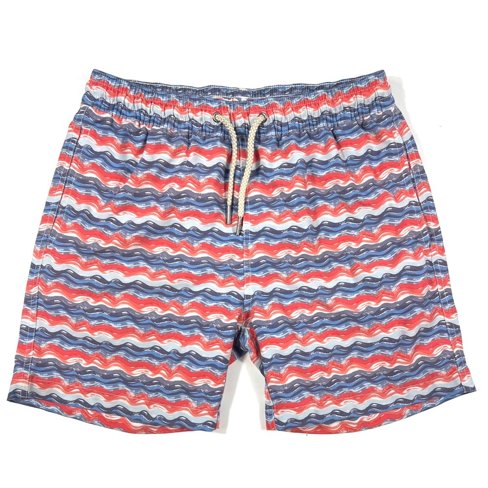 Fair Harbor Kids Large Swim Trunks Blue Bright Waves Red White Blue Beach GUC